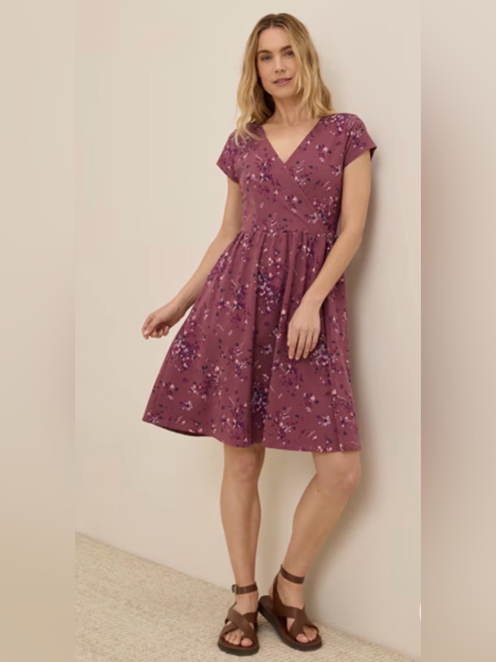 PACT Women's Fit & Flare Crossover Dress Dotted Sprays Mauve Size Large